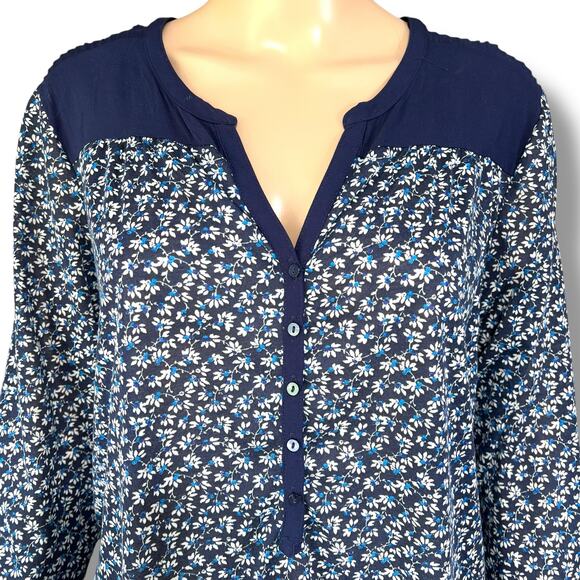 H&M Womens Blouse Top Shirt Blue Floral Print Long Sleeve Henley V Neck Large - Picture 2 of 11